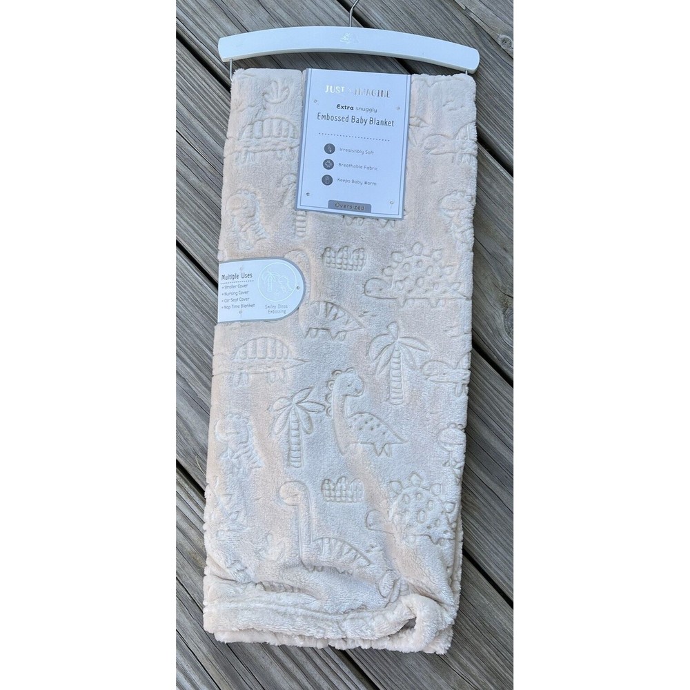 Just Imagine Embossed Baby Blanket Beige Dinosaurs Palm Trees Snuggly Soft New